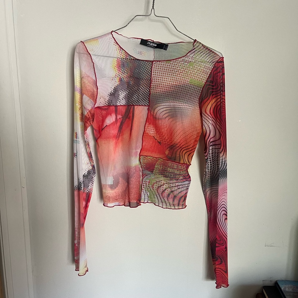 Jaded London Mixed Y2K Print Cut & Sew Mesh Long Sleeve Top